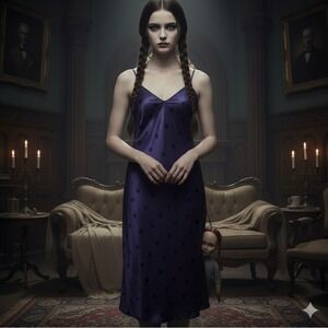 Vintage 90s Purple and Black Polka Dot Whimsigoth Witchy Midi Slip Dress Med Lar